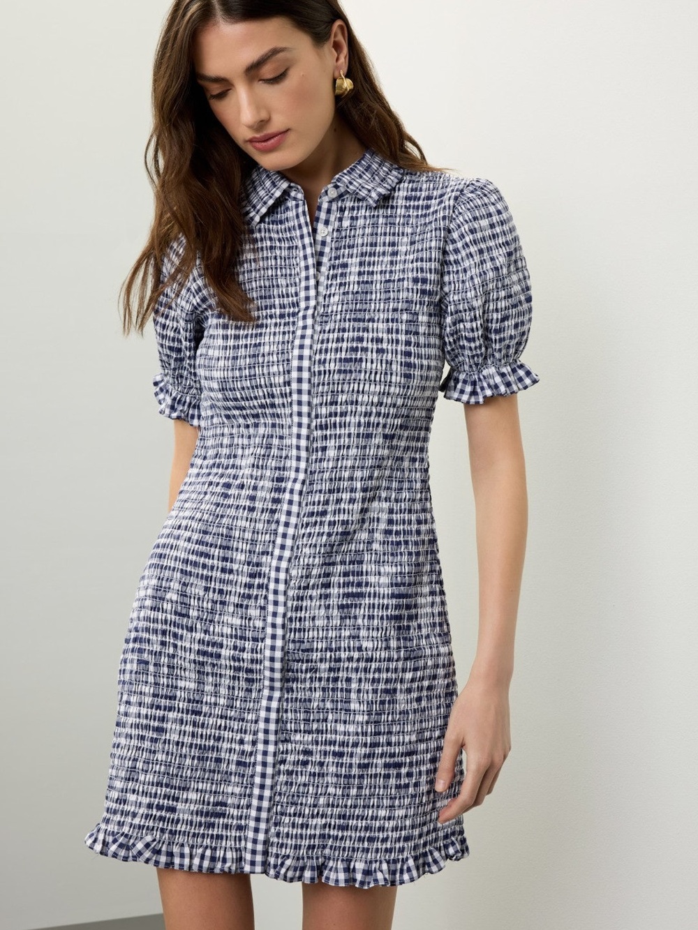 Jason Wu Navy and White Checked Smocked Shirt Dress